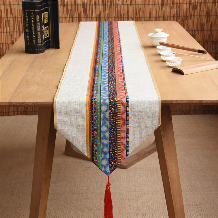 Camino de mesa con borlas de lino y algodón, Buddha Stones, estilo chino clásico, loto, pez Koi, flor, grulla, caligrafía, iluminación