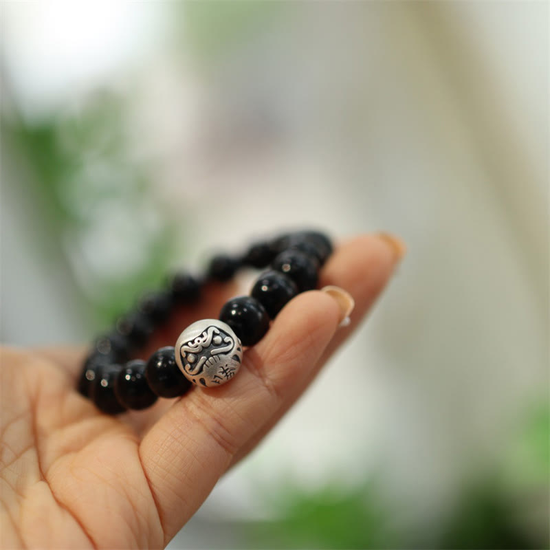 Pulsera de protección con grabado de personaje de cuentas de ónix negro de plata de ley 925 con Buddha Stones