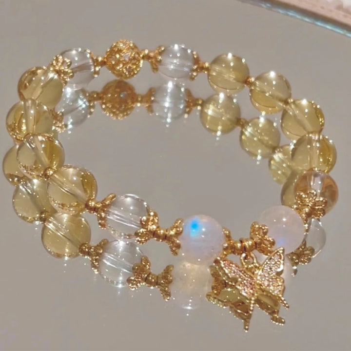 Pulsera de protección de prosperidad con dije de mariposa, piedra lunar, citrino, Buddha Stones