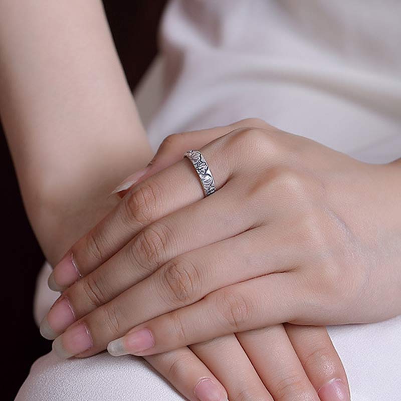 Anillo de iluminación de flor de peonía de loto de plata de ley 999