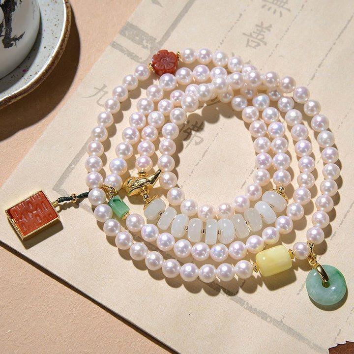 Buddha Stones, Plata de Ley 925, Perla, Jade Hetian, ágata roja, doble felicidad, ámbar, suerte, pulsera cuádruple