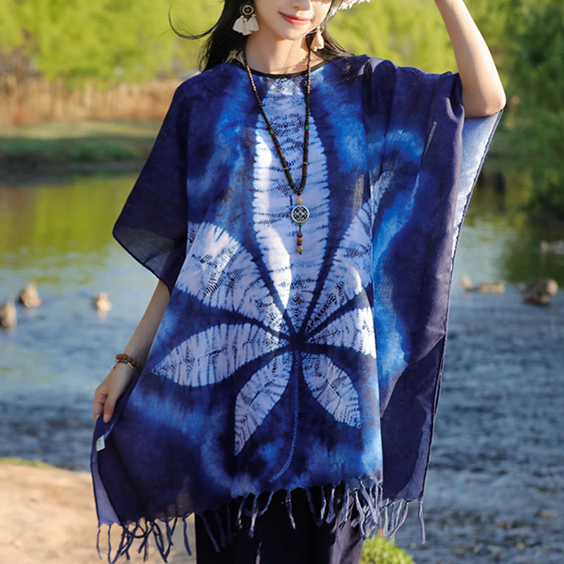 Jersey de viaje acogedor con borlas y chal de Batik azul con Buddha Stones , 95x90cm