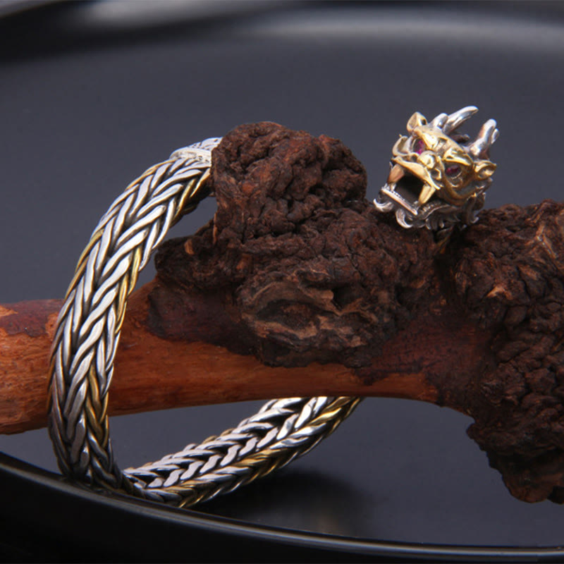 Pulsera de diseño trenzado de metal con protección de dragón auspicioso del año del dragón de plata de ley 925 con Buddha Stones