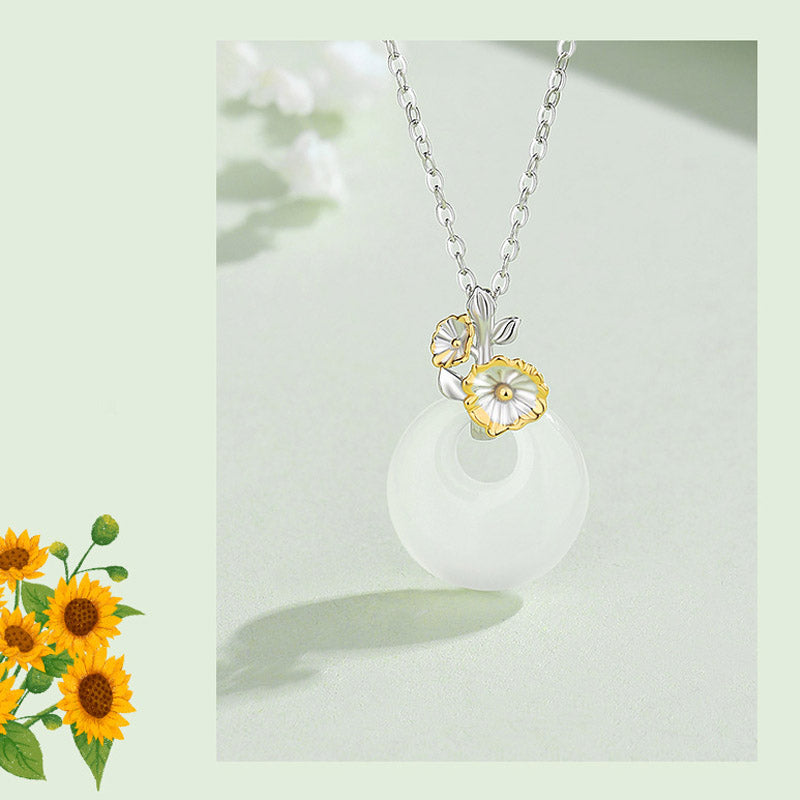Colgante de collar de armonía de flores de doce meses de calcedonia redonda de plata de ley 925 con Buddha Stones