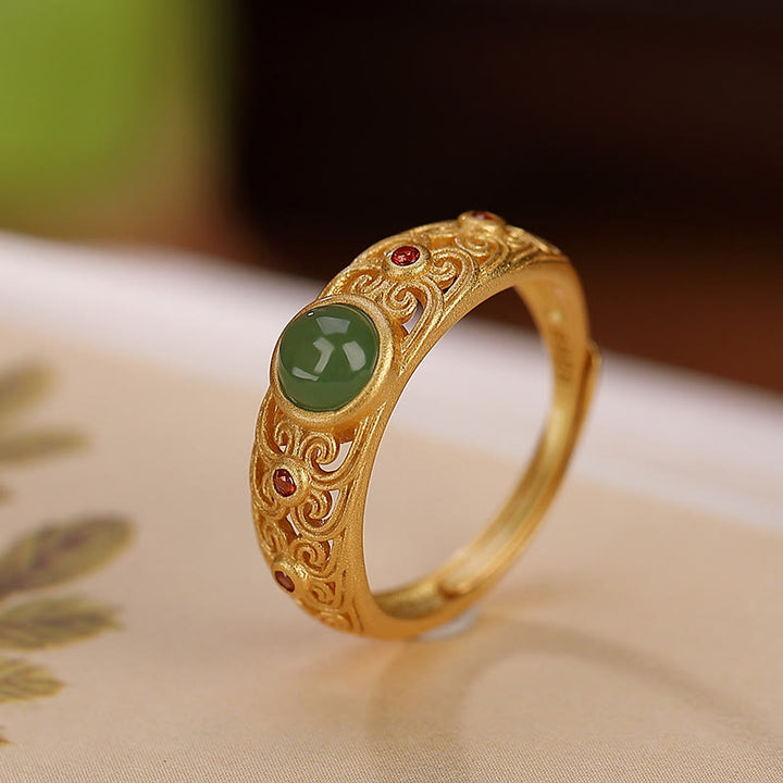 Anillo ajustable de armonía de jade cian hetiano de plata de ley 925 con Buddha Stones
