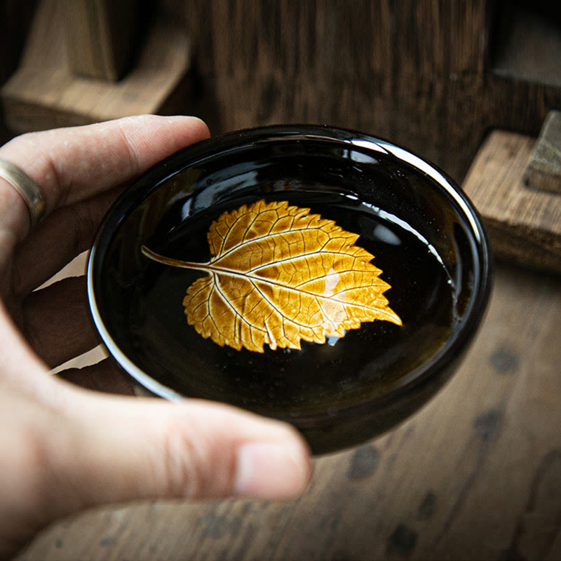 Buddha Stones, hoja de arce dorada, taza de té de cerámica china Jianzhan, tazón de taza de té Tenmoku Kung Fu