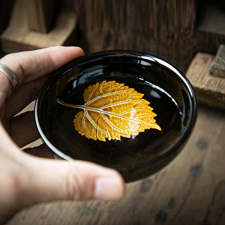 Buddha Stones, hoja de arce dorada, taza de té de cerámica china Jianzhan, tazón de taza de té Tenmoku Kung Fu