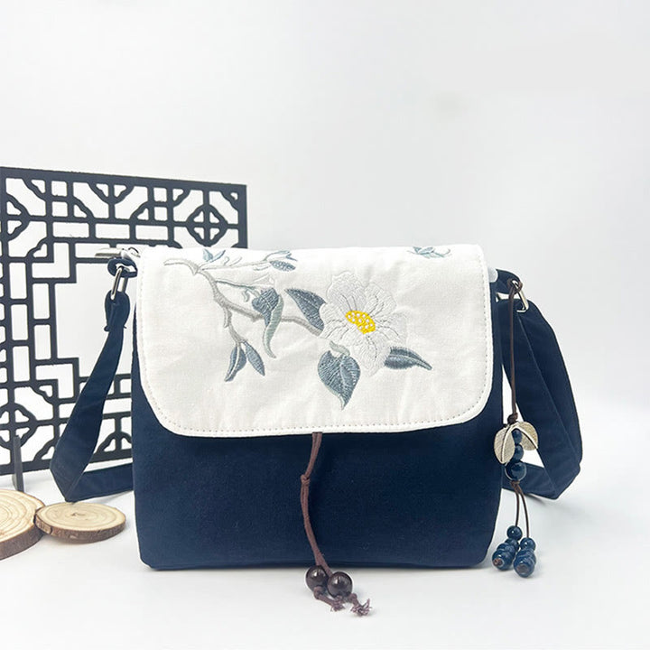 Buddha Stones Camelia bordada Epiphyllum Gardenia Sakura Flores Bolso bandolera Bolso de hombro Bolso para teléfono móvil