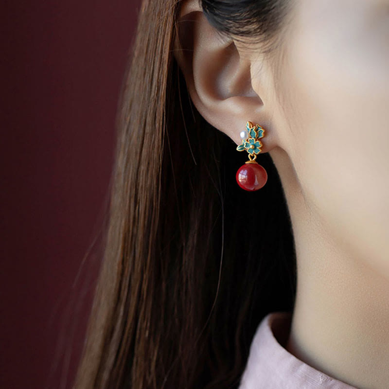 Juego de anillos y pendientes con colgante de flor de perla de cinabrio chapado en plata de ley 925 con Buddha Stones