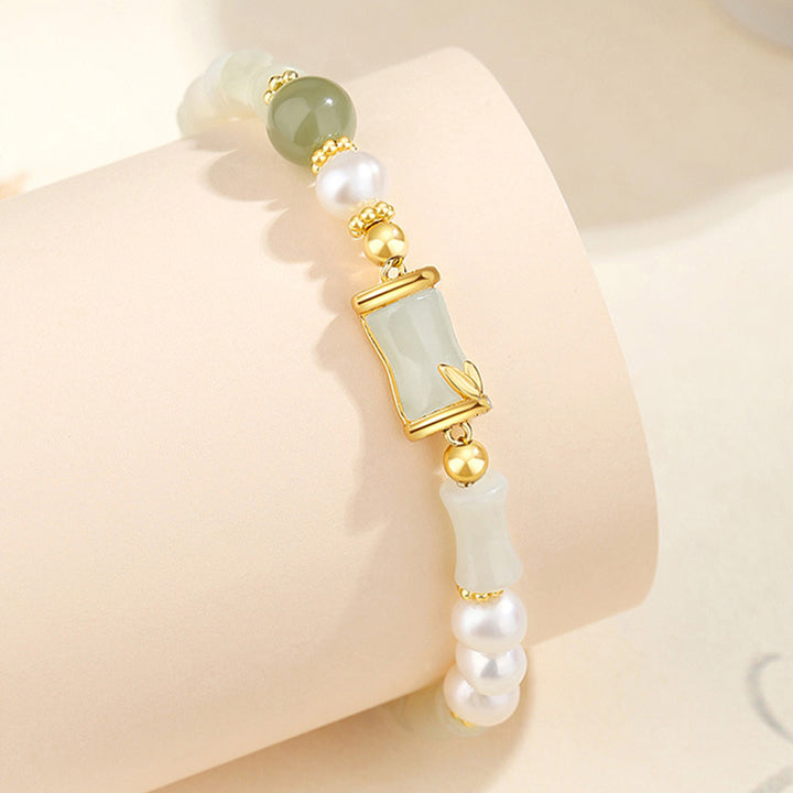 Pulsera de bendición de la suerte de bambú de jade blanco hetiano natural de plata de ley 925 con Buddha Stones