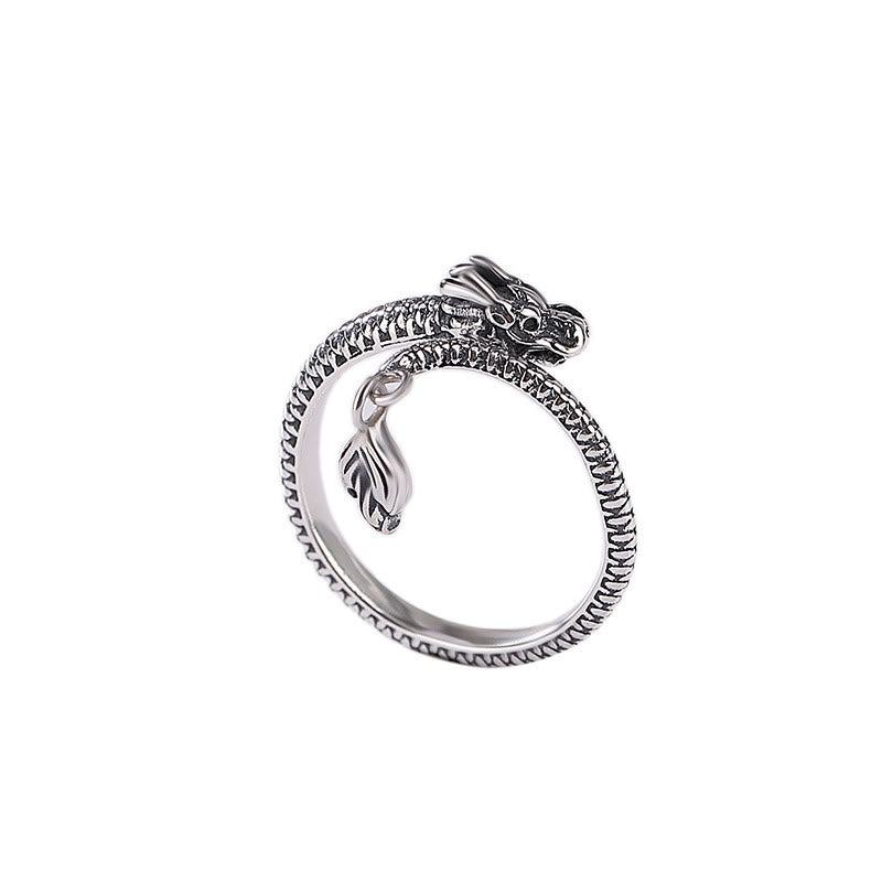 Anillo ajustable de plata de ley 925 con Buddha Stones , diseño vintage del Año del Dragón, protección de la suerte
