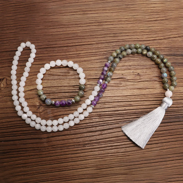 Pulsera de protección de piedra con brillo negro, 108 cuentas Mala, ágata blanca, amatista