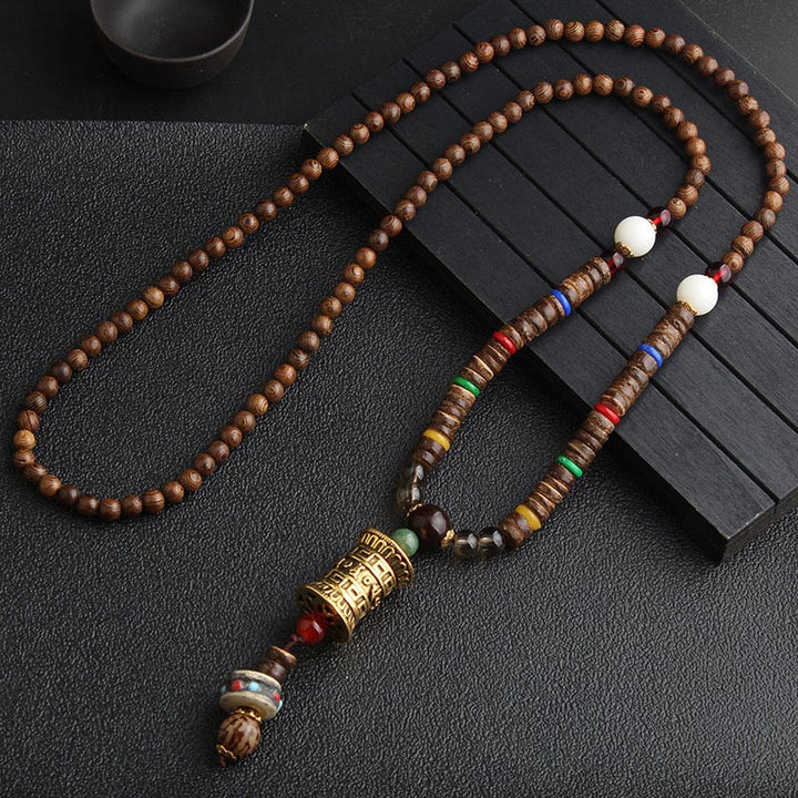 Collar de meditación de madera de wengué con cuentas Dzi de turquesa y Buddha Stones - Rueda de oración dorada - image 8