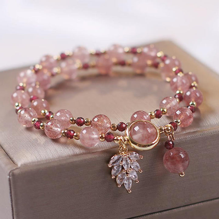 Pulsera de doble envoltura con dije de hoja de arce curativo de amor de cuarzo fresa natural