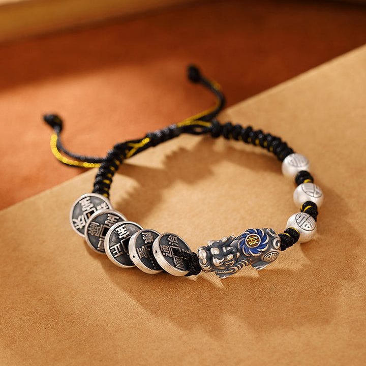 Pulsera trenzada de plata de ley 999 con Buddha Stones FengShui PiXiu, moneda de cobre, personaje Fu, riqueza