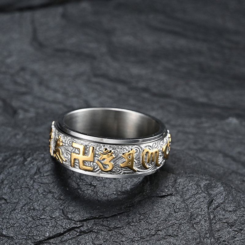 Anillo de acero de titanio con Buddha Stones, seis palabras verdaderas, equilibrio tranquilo