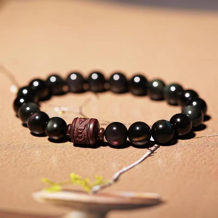 Pulsera curativa con carácter de obsidiana arcoíris de obsidiana con brillo de oro natural con Buddha Stones Om Mani Padme Hum Fu