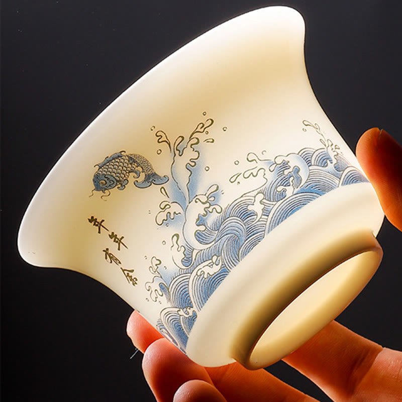 Taza de té y platillo con tapa, porcelana blanca, paisaje de montaña, campo, cerámica, Gaiwan, Kung Fu , Buddha Stones