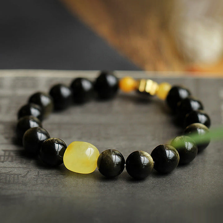 Pulsera de protección de la riqueza, Plata de Ley 925 con Buddha Stones , zodíaco chino, Buda natal, brillo de oro Natural, obsidiana, ámbar