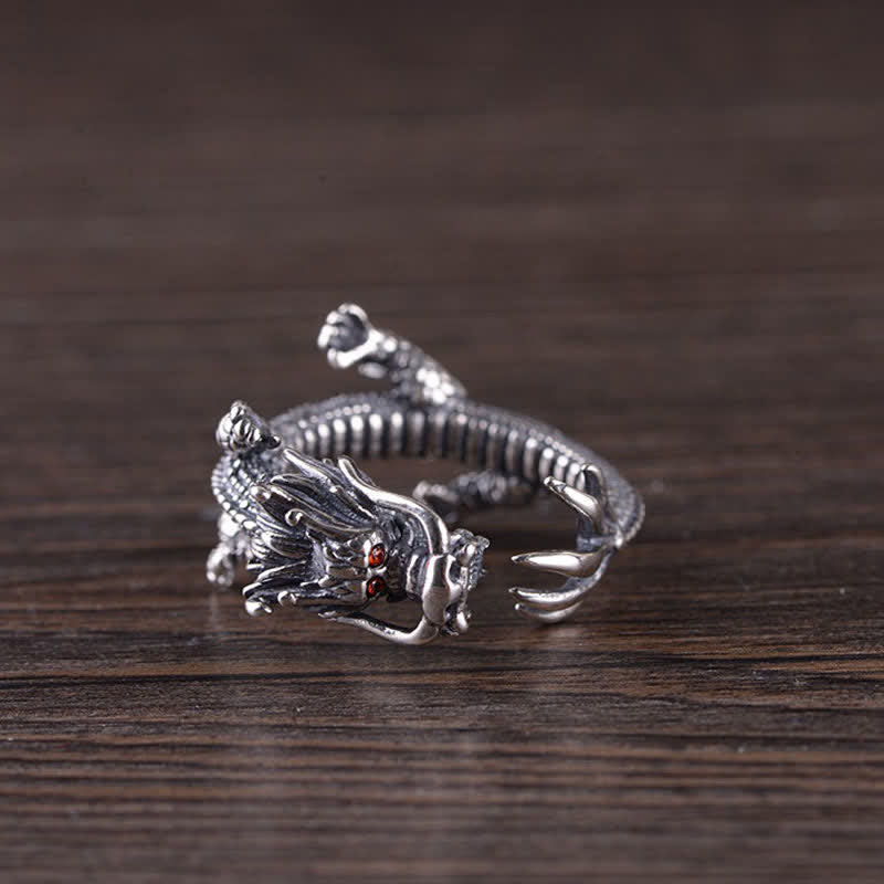 Anillo de protección de la suerte del dragón de plata de ley 925
