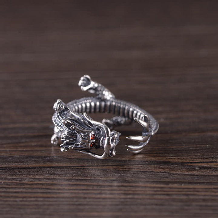 Anillo de protección de la suerte del dragón de plata de ley 925