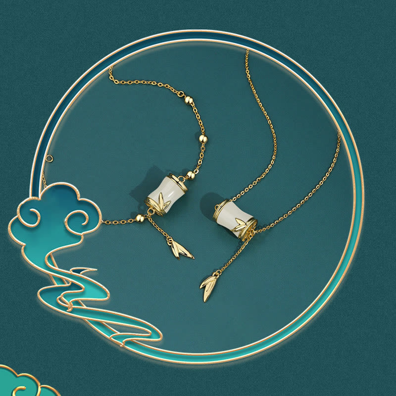 Buddha Stones de plata de ley 925, oro de 22 quilates, Jade blanco hetiano, hoja de bambú, collar de la suerte, pulsera con colgante