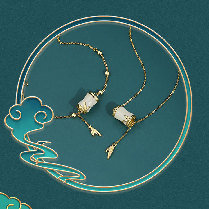 Buddha Stones de plata de ley 925, oro de 22 quilates, Jade blanco hetiano, hoja de bambú, collar de la suerte, pulsera con colgante