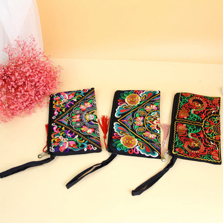 Cartera de compras con bordado de flores de Buddha Stones, dragón, mariposa, cosmos