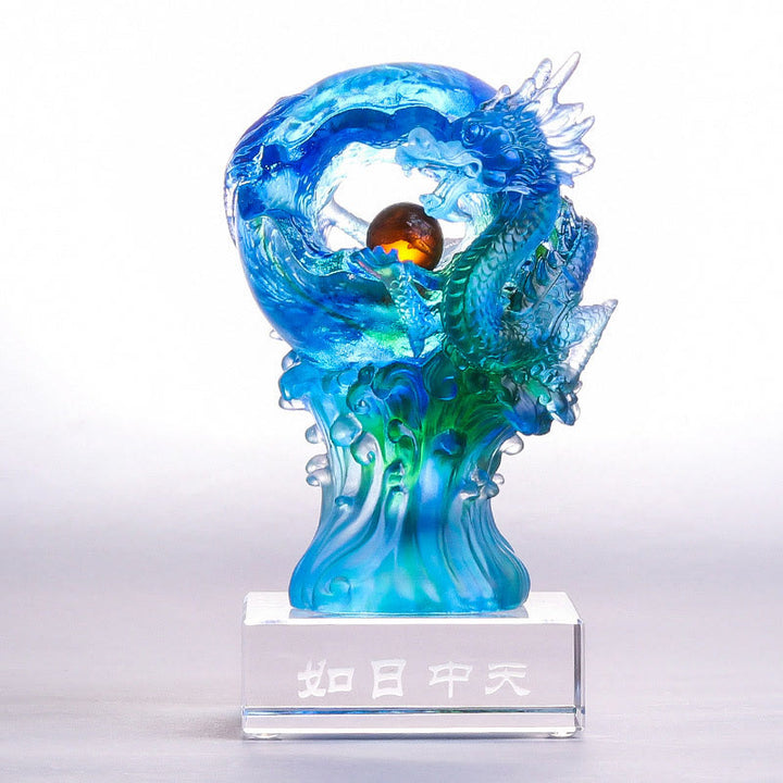Buddha Stones hechas a mano, dragón azul Liuli, pieza de arte con cristal, protección del éxito, decoración para el hogar y la Oficina