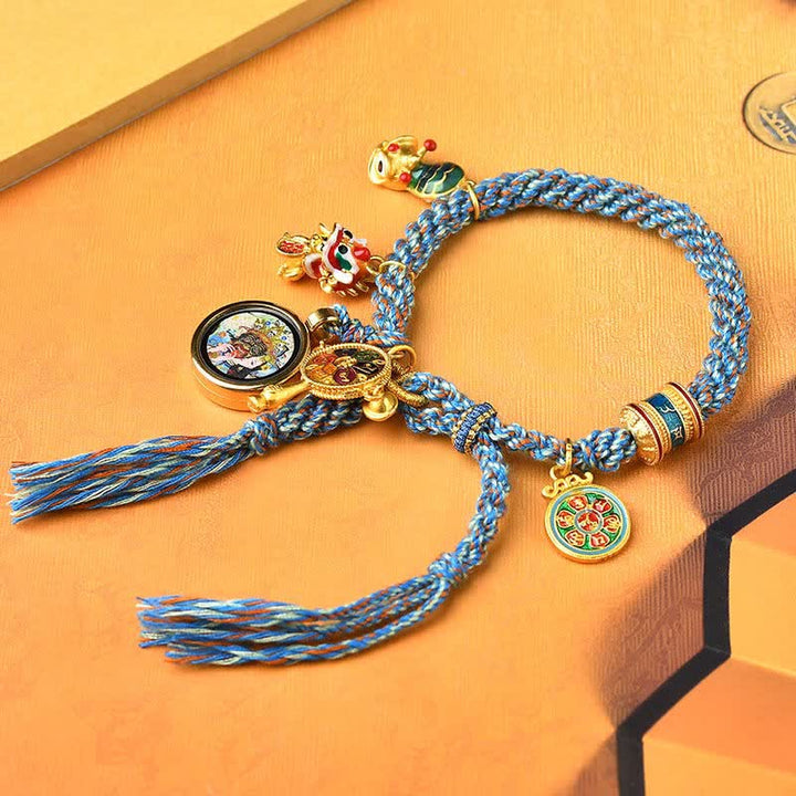 Pulsera tibetana Zakiram diosa de la riqueza Thangka suerte rueda de oración trenzada