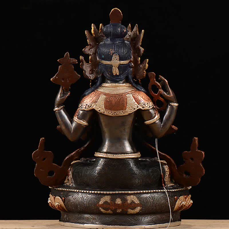 Decoración de estatua de cobre de protección Avalokitesvara de cuatro brazos Bodhisattva Chenrezig