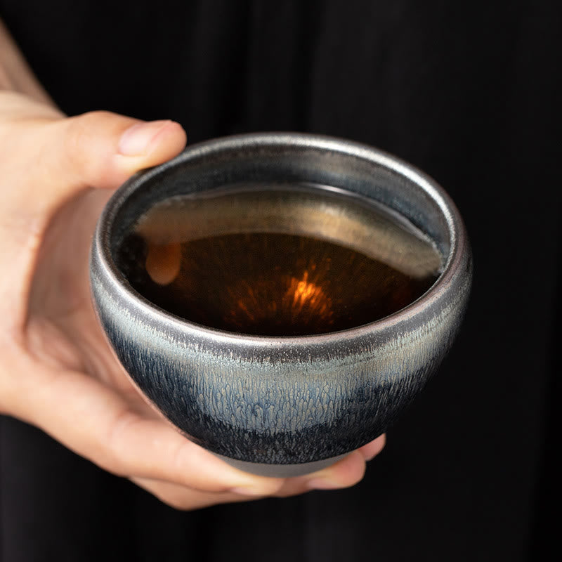Buddha Stones Vintage chino plata azul Jianzhan horno cambio porcelana taza de té Kung Fu