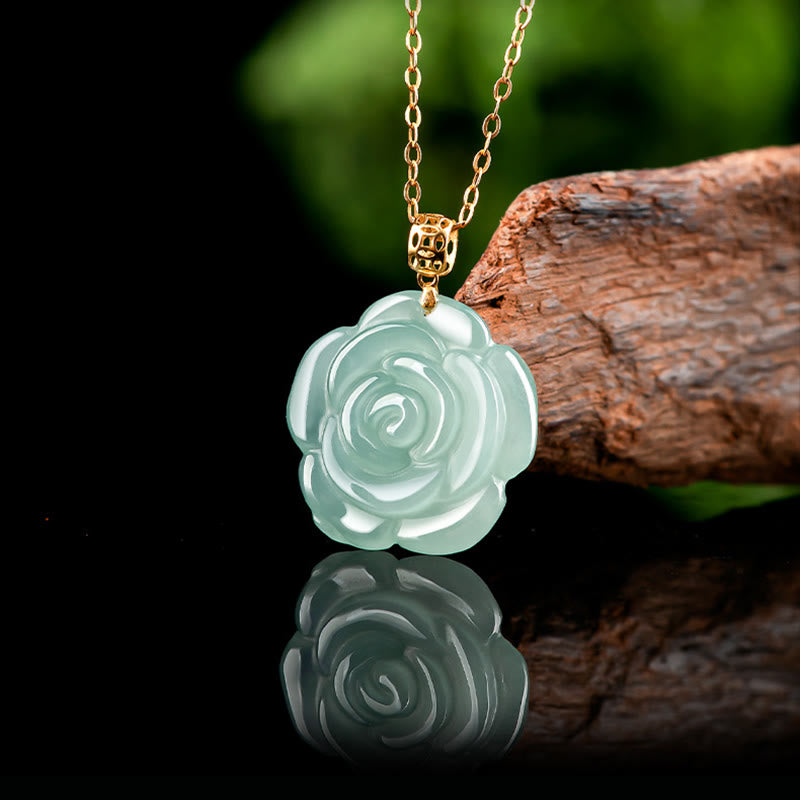 Colgante de collar de la suerte de rosa de jade natural de plata de ley 925 de oro de 18 Buddha Stones