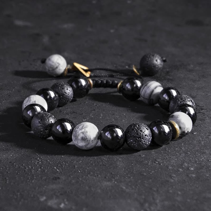 Pulsera de fuerza Yin Yang de piedra de roca de lava de obsidiana negra con Buddha Stones - image 1
