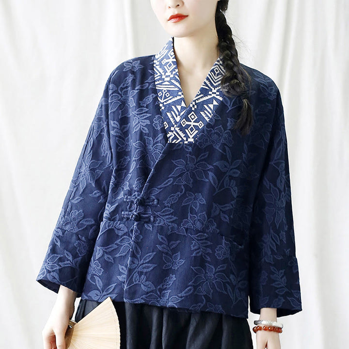 Chaqueta de manga larga con cuello en V y jacquard floral con Buddha Stones