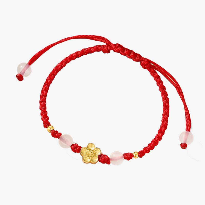 Pulsera de cuerda roja de la suerte con cuentas de calcedonia, cereza, flor de melocotón, Plata de Ley 925 hecha a mano con Buddha Stones