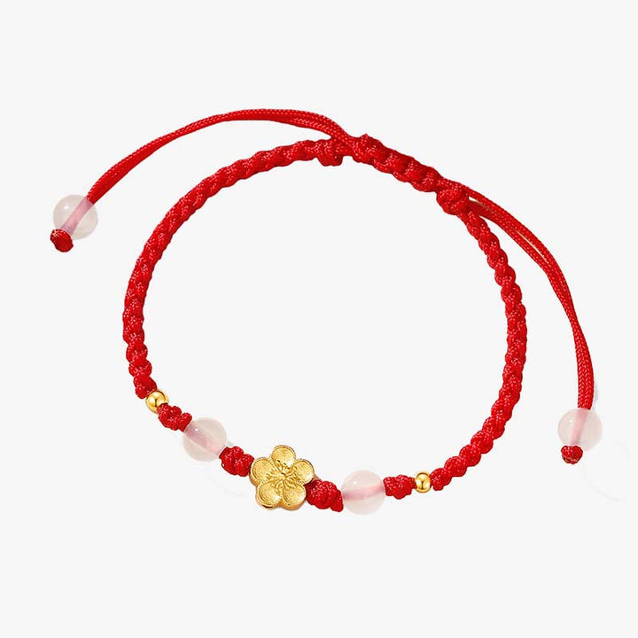 Pulsera de cuerda roja de la suerte con cuentas de calcedonia, cereza, flor de melocotón, Plata de Ley 925 hecha a mano con Buddha Stones