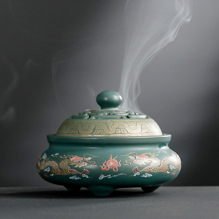 Quemador de incienso de cerámica para meditación, fuente de humo de reflujo con patrón Floral de dragón, decoración