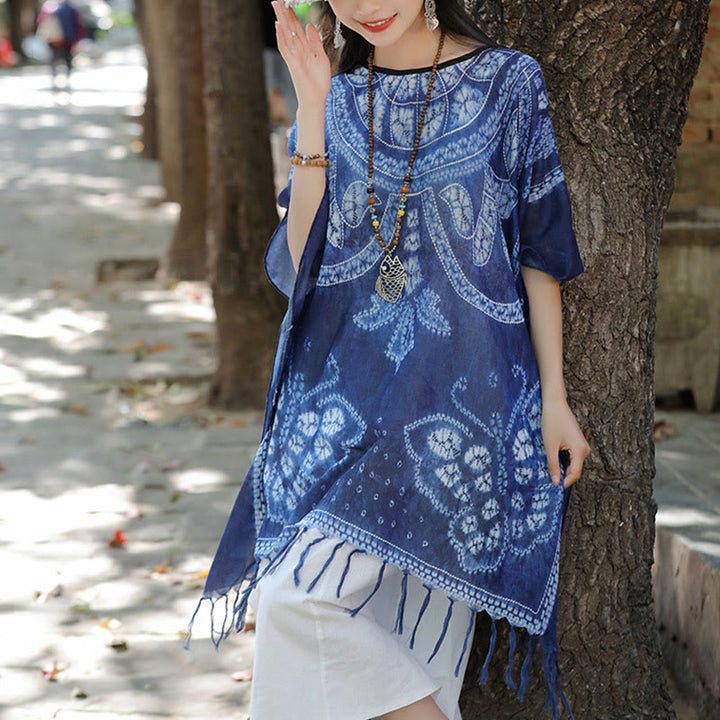 Jersey de viaje acogedor con borlas y chal teñido añil de mariposa azul con Buddha Stones 90*95cm