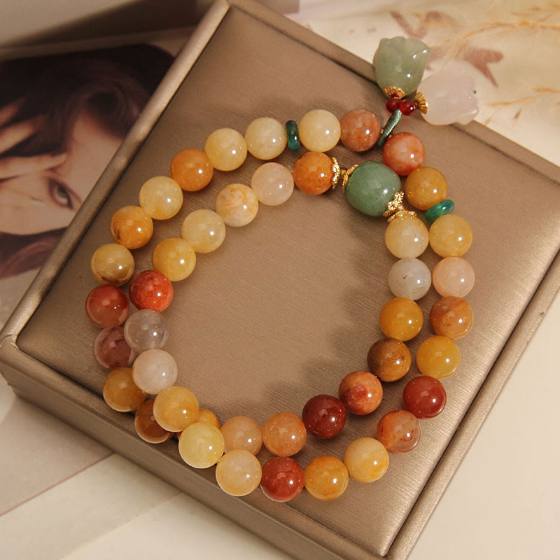Pulsera de la suerte de orquídeas con campana de doble capa de Jade de seda dorada Natural del Tíbet con Buddha Stones