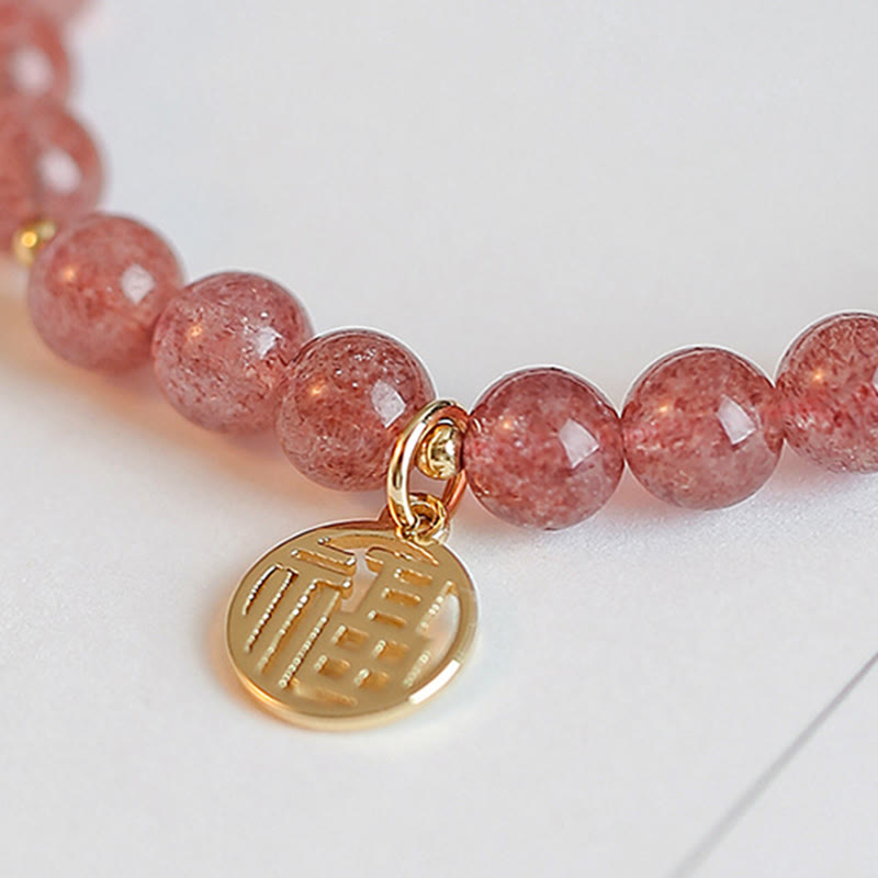 Pulsera con dije curativo de personaje Fu de cuarzo fresa chapado en oro de 14 quilates con Buddha Stones
