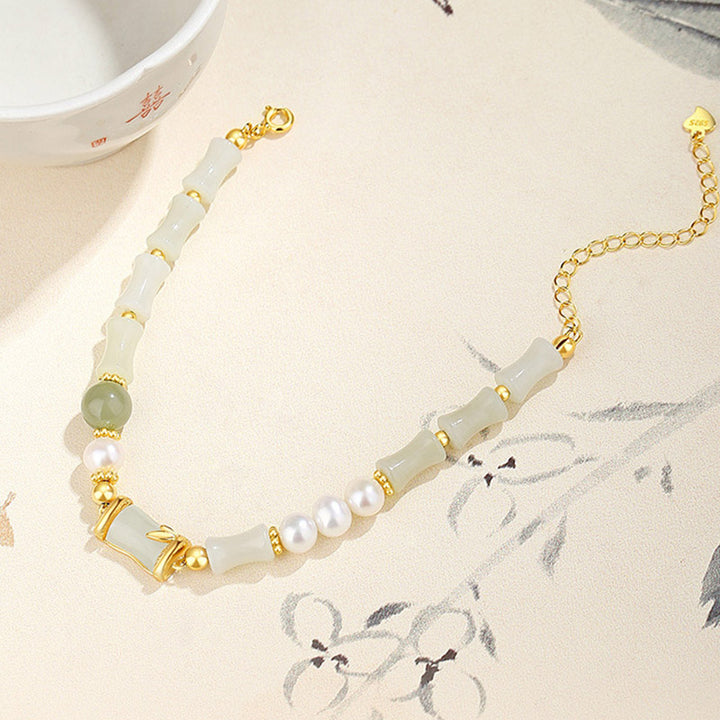 Pulsera de bendición de la suerte de bambú de jade blanco hetiano natural de plata de ley 925 con Buddha Stones