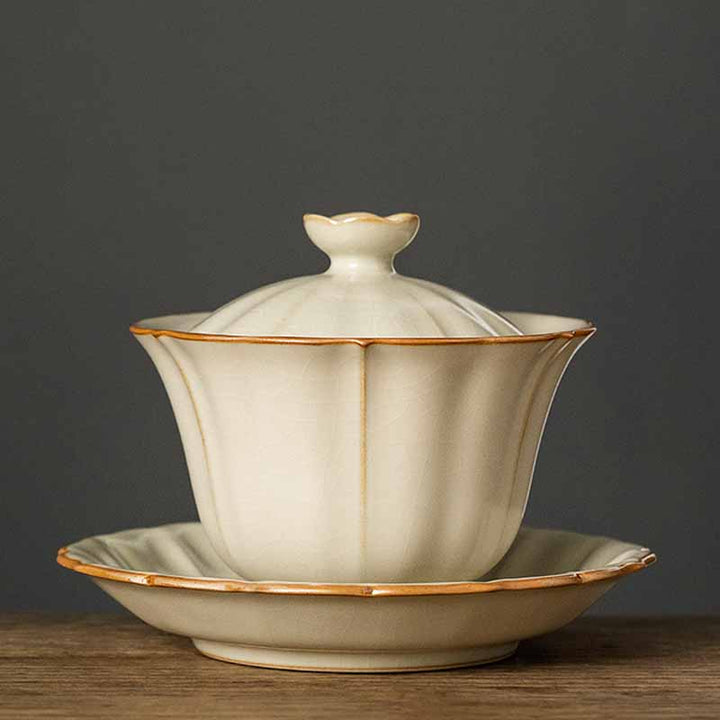 Buddha Stones, forma de flor de ciruelo Beige, rama de melocotón, taza de té de cerámica Gaiwan Sancai, taza de té de Kung Fu con tapa
