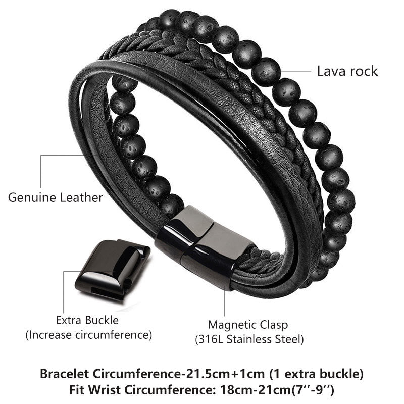 Pulsera de cuero con cuentas de ónix negro y roca de lava natural con Buddha Stones