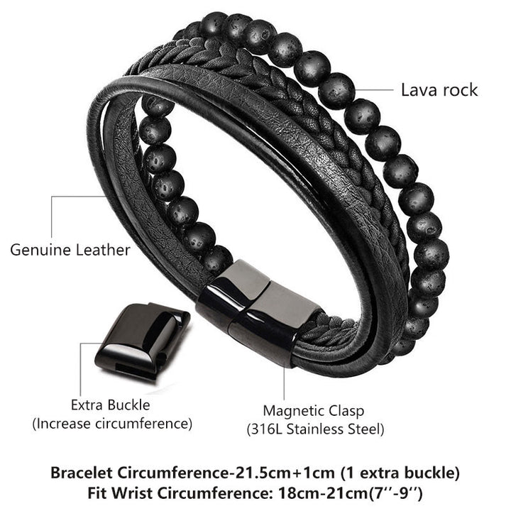 Pulsera de cuero con cuentas de ónix negro y roca de lava natural con Buddha Stones