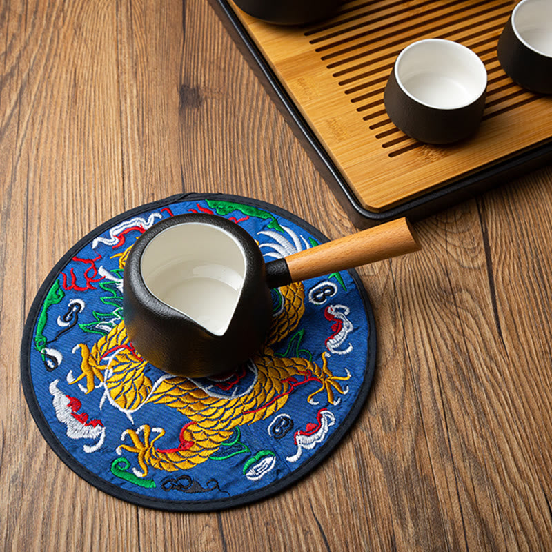 Tapete para taza de Bordado de dragón con Buddha Stones, posavasos para taza de té, tapete para té de Kung Fu