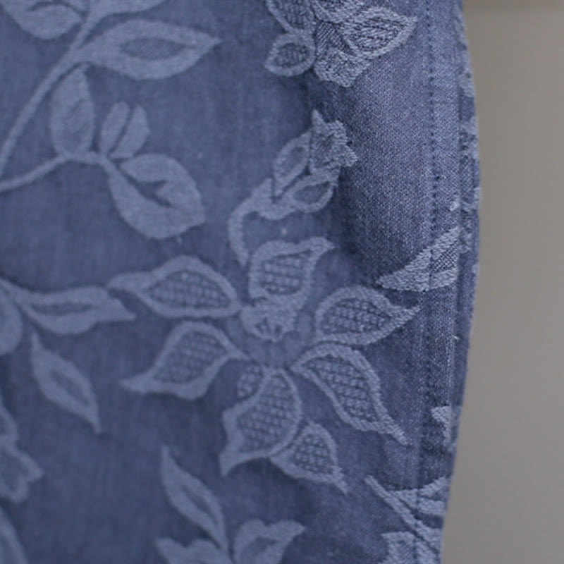 Vestido midi de jacquard con bordado de flores azules y Buddha Stones Vestido de algodón con manga tres cuartos y bolsillos