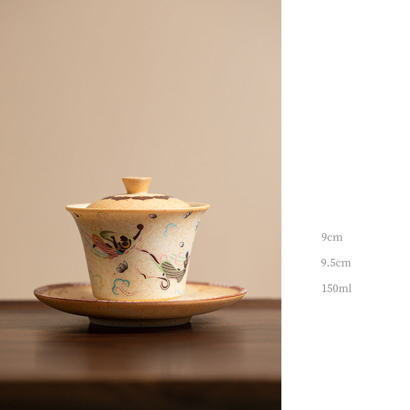 Buddha Stones Dunhuang Color mil Budas volando Apsaras patrón Gaiwan taza de té Kung Fu con tapa