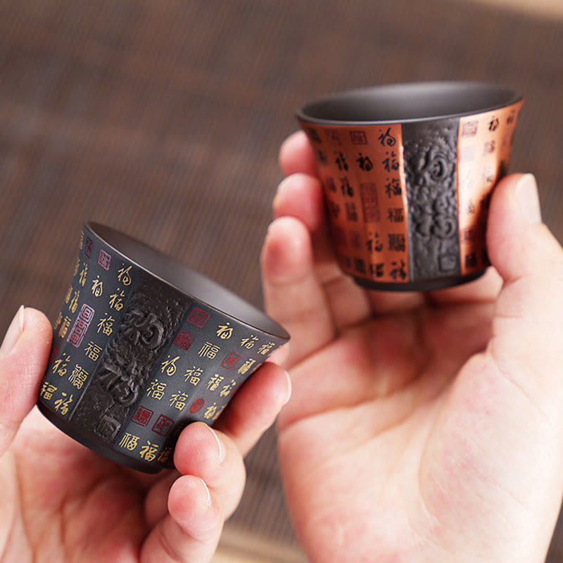 Taza de té de cerámica de arcilla púrpura con personaje Fu pequeño de Buddha Stones, taza de té de Kung Fu de 50ml