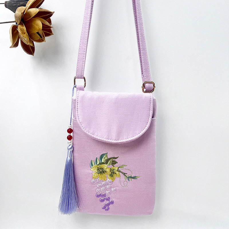 Bolso bandolera con flores bordadas pequeñas y Buddha Stones, bolso de hombro, bolso para móvil de doble capa